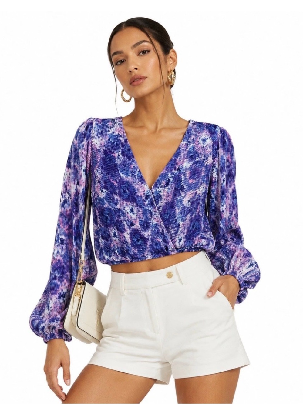 ASTR The Label Pleated Surplice Blouse Purple Floral Size Small